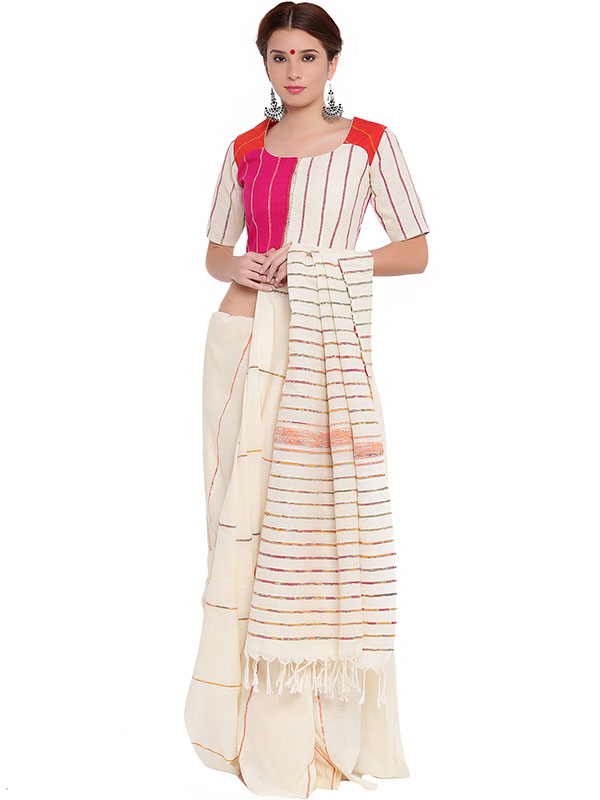 खेस ✥ Three panel blouse in white, pink and orange khesh ✥ 9