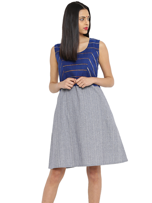 खेस ✥ Blue khesh and grey Cotton Handwoven Dress ✥ c