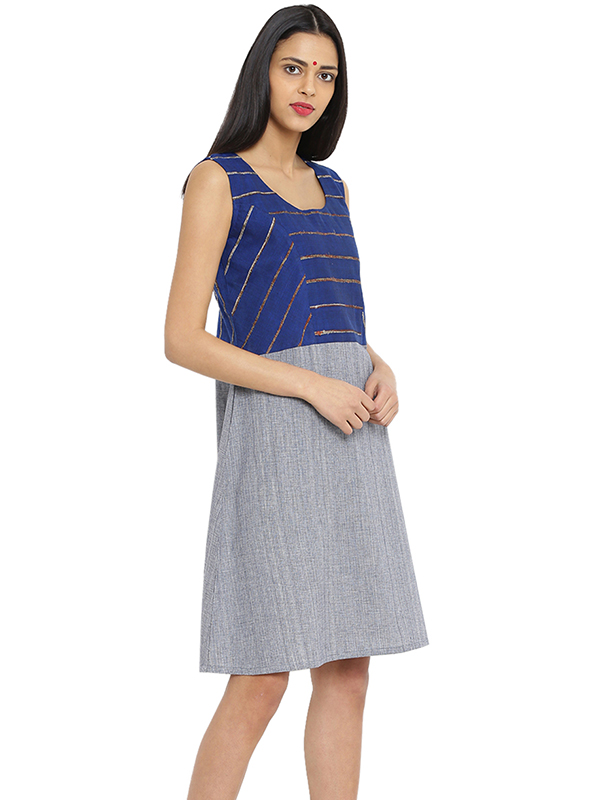 खेस ✥ Blue khesh and grey Cotton Handwoven Dress ✥ c