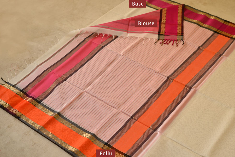 maheshwari silk saree in white with pink pallu