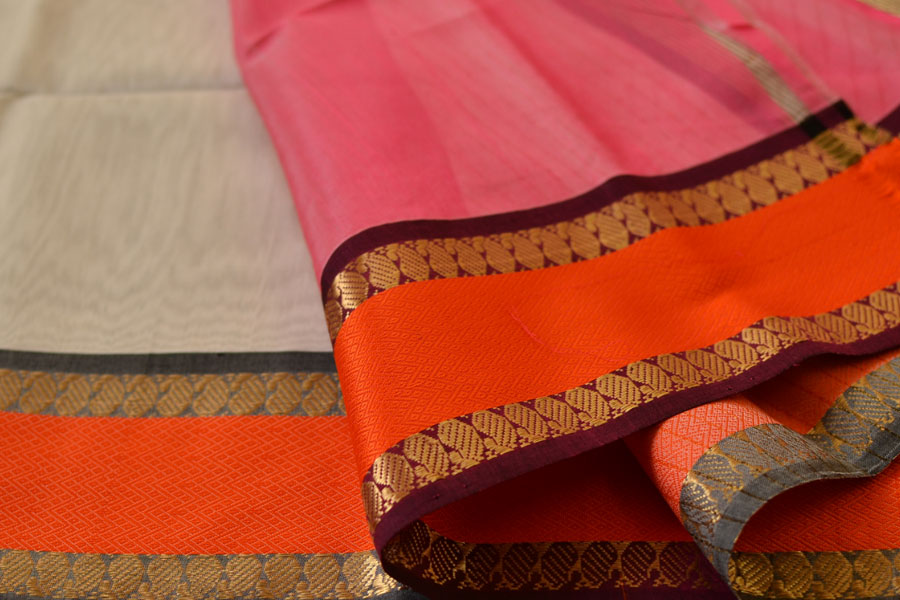 maheshwari silk saree in white with pink pallu