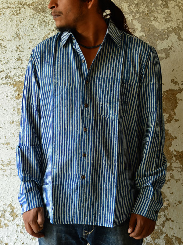 Sanganeri . Cotton Shirt ~ Blue line