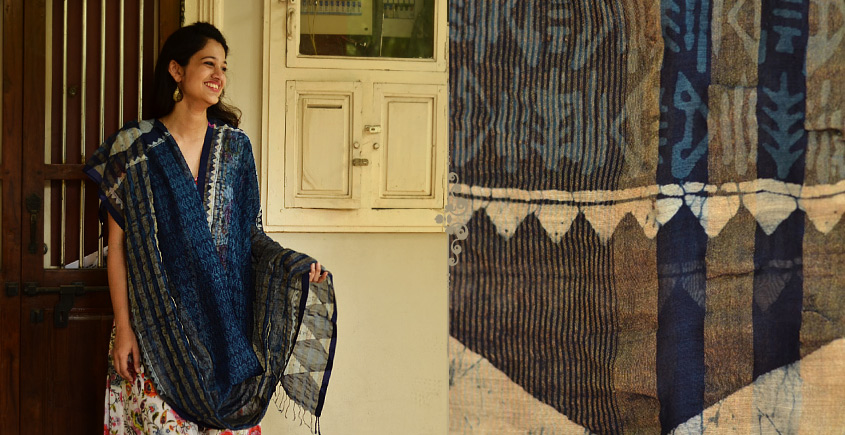 Indigo grounds ~ Batic Indigo * Chanderi  Dupatta * 3 *