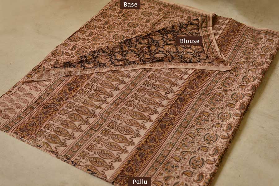 बेला ✤ Kalamkari Motif . Block Printed . Cotton Saree ✤ B