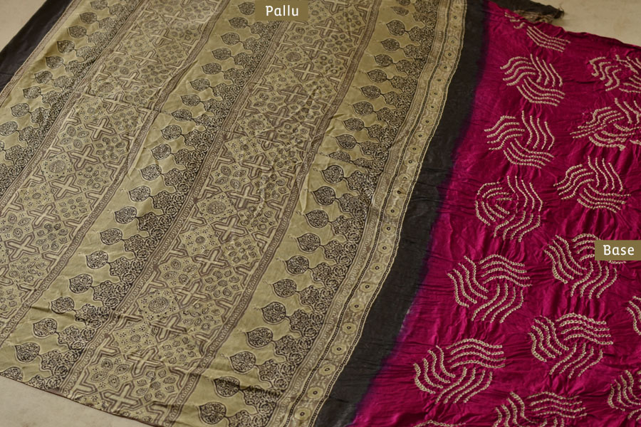 मृणालिनी ☘ Gajji Silk ☘ Ajrakh Bandhani Saree ~ 13